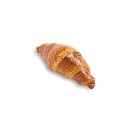 Croissant dourado com crosta brilhante e estaladiça, fotografado em fundo branco