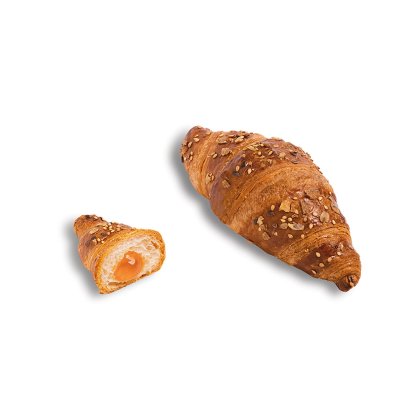 Croissant inteiro com sementes e frutos secos ao lado de um croissant cortado com recheio de fruta laranja.