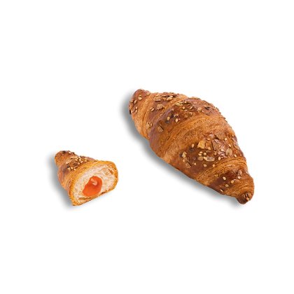 Dois croissants multicereais com recheio de alperce, um inteiro e outro cortado a meio mostrando o recheio, fundo branco