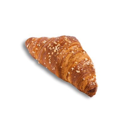 Croissant dourado com cristais de açúcar grosso, sobre fundo branco