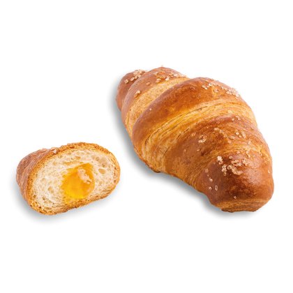 croissant pretzel dourado com açúcar grosso, inteiro e cortado a mostrar recheio de compota de alperce