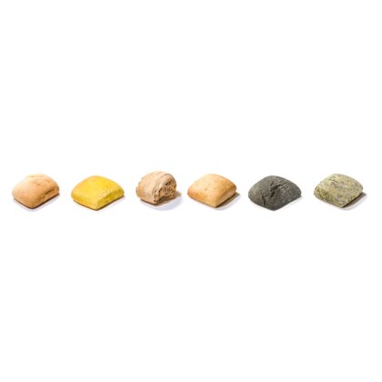 Seis pãezinhos quadrados enfileirados, com cores que vão do bege e amarelo ao preto carvão e verde sobre fundo branco