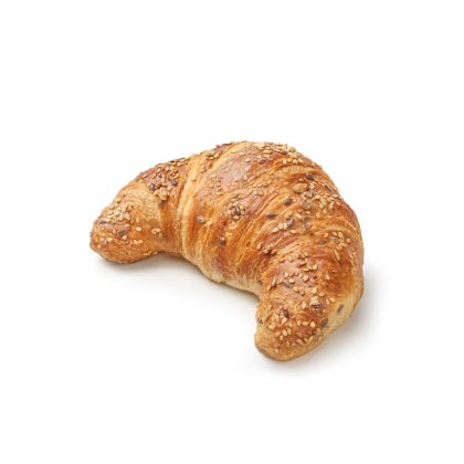 Croissant dourado coberto com mistura de sementes, em forma de crescente, fundo branco.