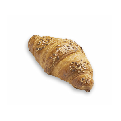 Croissant dourado e estaladiço coberto com mistura de sésamo e sementes de papoila, fundo branco