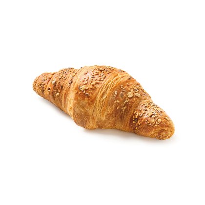 Croissant multicereais dourado, coberto com sementes e aveia, sobre fundo branco.