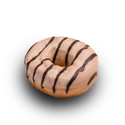 donut glaceado com finas riscas de chocolate, fundo branco