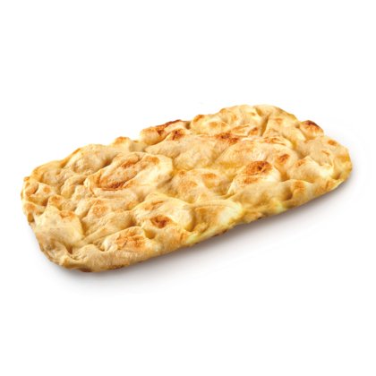 Pão achatado retangular de crosta dourada e marcada, fundo branco