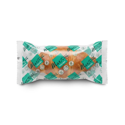Croissant embalado em plástico transparente com padrão repetido do logótipo "Martini Frozen" em verde-azulado, fundo ...