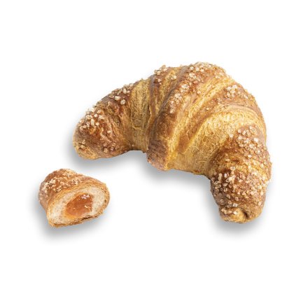 Croissant dourado coberto com açúcar grosso, com um pedaço mais pequeno cortado a revelar recheio de damasco.