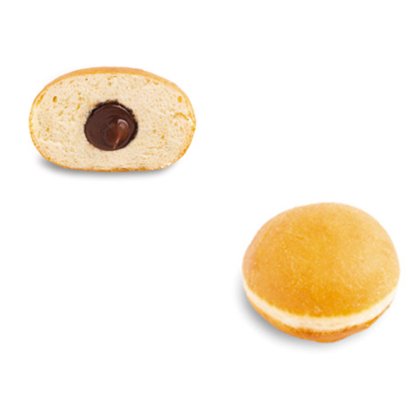 Donut recheado dourado e redondo, mostrado inteiro e cortado ao meio revelando recheio de chocolate