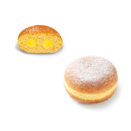 Donut polvilhado com açúcar em pó ao lado de um corte com duas bolsas de creme pasteleiro amarelo.
