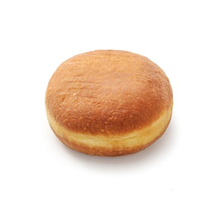 Donut recheado redondo dourado sem buraco, sem cobertura, em fundo branco liso.