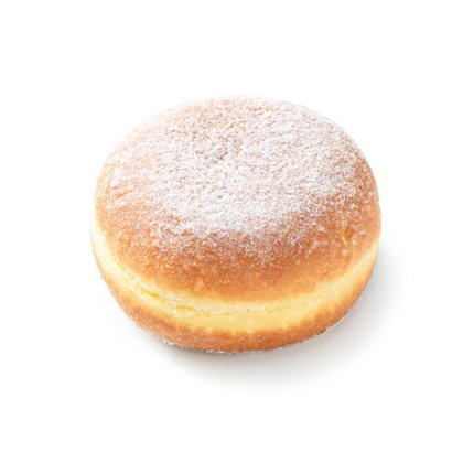 Donut recheado redondo, dourado, polvilhado com açúcar em pó, fundo branco