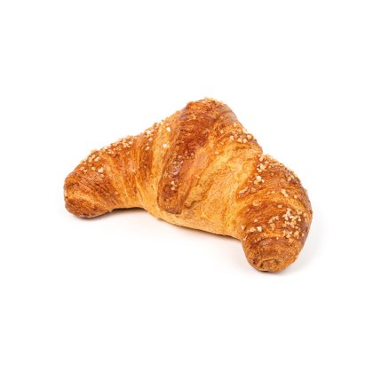 Croissant dourado com cobertura estaladiça de cristais de açúcar, forma curva, fundo branco