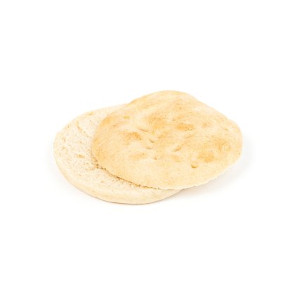 Dois pães achatados redondos com topo dourado empilhados ligeiramente desalinhados em fundo branco