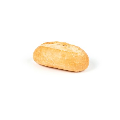 Pequeno pão oval dourado com corte na superfície, fundo branco liso