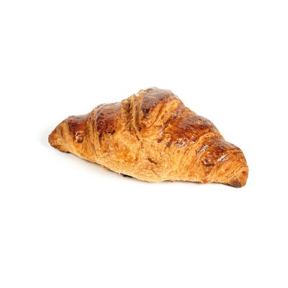 Croissant cozido dourado com crosta brilhante e estaladiça, fundo branco