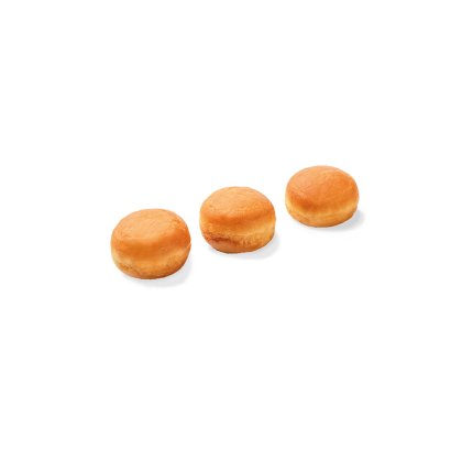 Três donut holes simples, sem recheio nem cobertura, dispostos na diagonal sobre fundo branco.
