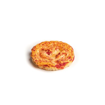 Mini pizza redonda com queijo derretido e molho de tomate, bordas douradas, fundo branco