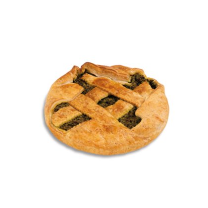 Tarte redonda com massa em grade dourada e recheio verde-escuro, fundo branco.