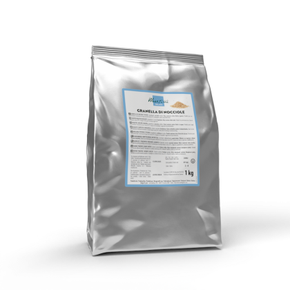 Saco prateado de 1kg Martini Granella di Nocciole, avelã picada, rótulo azul, fundo branco