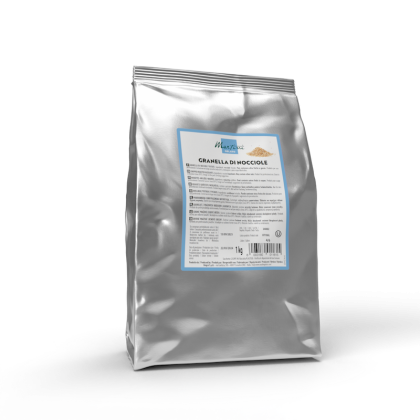 Saco prateado de 1kg de avelã picada Martoni, com rótulo azul e branco