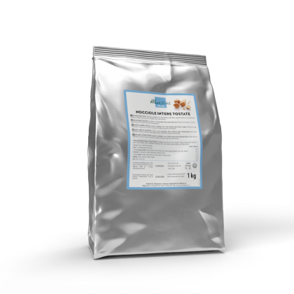 Saco vertical prateado de 1 kg de avelãs inteiras torradas Martori (Nocciole Intere Tostate), rótulo azul claro.