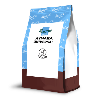 Saqueta stand-up de Martini Gelato Aymara Universal, topo azul estampado e fundo castanho com rótulo branco.