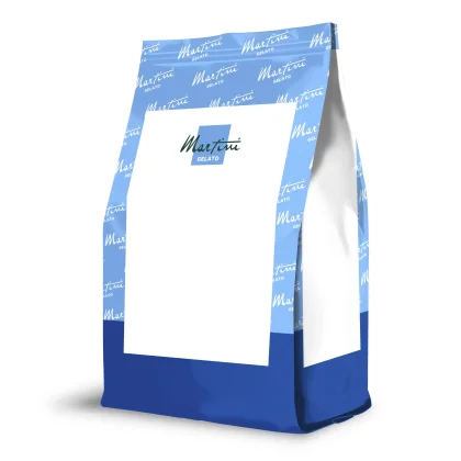Saco stand-up azul e branco com o logótipo "Martini Gelato" em rótulo branco em branco, maquete do produto.
