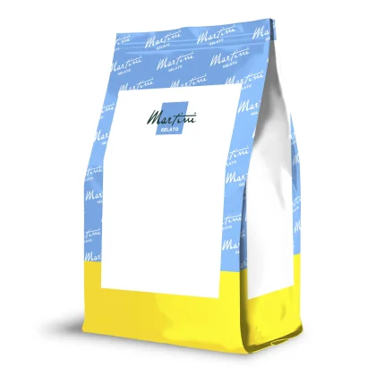 Mockup de saco stand-up pouch com padrão azul e amarelo no topo e na base, rótulo branco com "Martini Gelato"