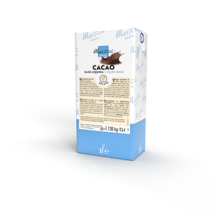 Embalagem de 1 litro de base líquida Martini Gelato Cacao, cartão azul e branco com salpico de chocolate