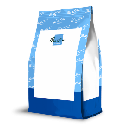 Saco de pé com padrão azul-claro no topo, azul-escuro na base e etiqueta branca com "Martini Gelato"