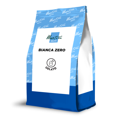 Embalagem stand-up pouch azul e branca da Martini Gelato Bianca Zero, com ícone de bola de gelado no rótulo.