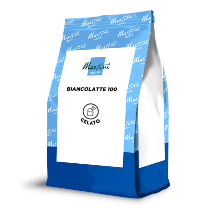 Saqueta stand-up azul e branca de mistura para gelado Martini Gelato Biancolatte 100 com logótipo de balde