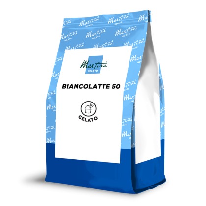 Saco autoportante azul e branco de base para gelato Martini Gelato Biancolatte 50 com logótipo e ícone de colher.