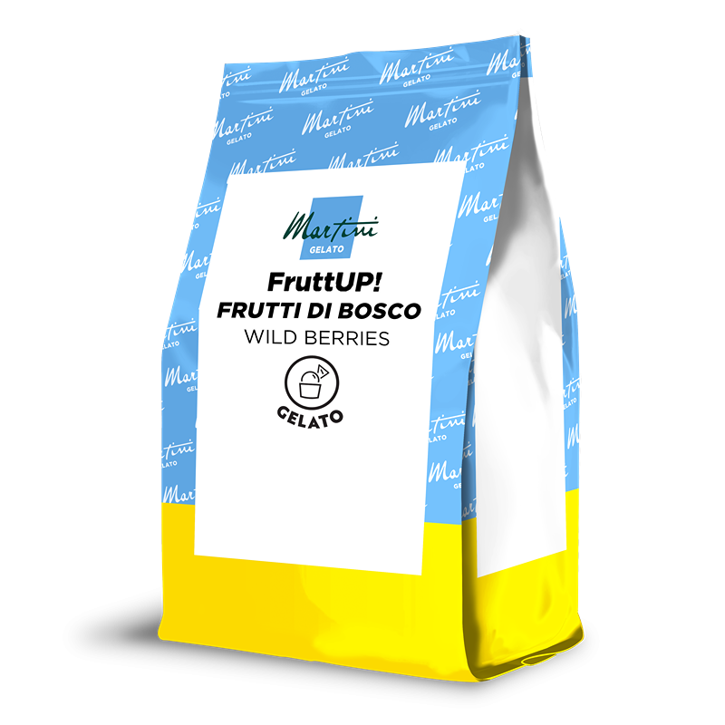 Saco azul e amarelo de Martini Gelato FruttUP! sabor frutos silvestres, com rótulo branco.