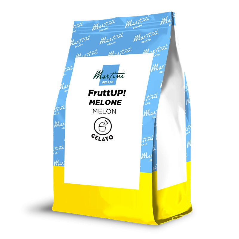 Saqueta stand-up amarela e azul do Martini Gelato FruttUP! sabor Meloa