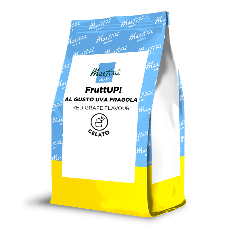 Embalagem azul e amarela do Martini Gelato FruttUP! mistura de gelado sabor uva tinta