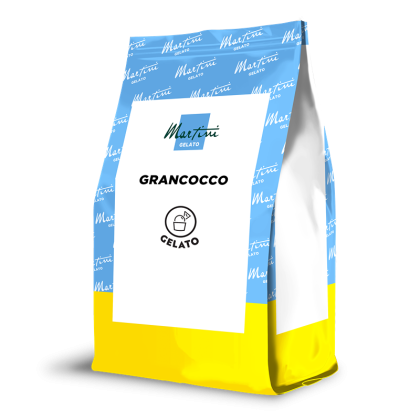 Saco stand-up azul e amarelo com o rótulo "Martini Gelato Grancocco" e ícone de colher de gelado em painel branco.