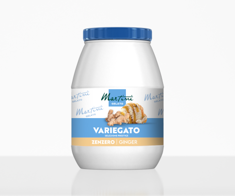 Frasco plástico branco com tampa azul, Martini Gelato Variegato Zenzero sabor gengibre, com imagens de raiz e gelado
