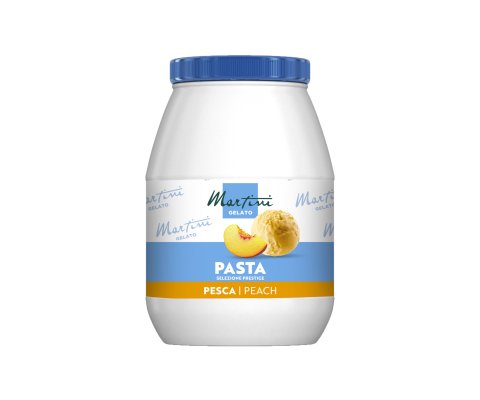 Frasco de plástico branco com tampa azul, rótulo Martini Gelato Pasta Selezione Prestige sabor pêssego, com imagens d...