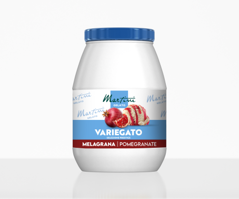 Pote de plástico branco com tampa azul, rótulo Martini Gelato Variegato, sabor Romã, com colher de gelado