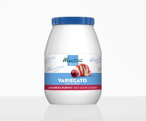 Frasco plástico branco com tampa azul, rótulo Martini Gelato Variegato Amarena Rubino Ginja Vermelha, mostrando gelado