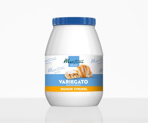 Frasco de plástico branco com tampa azul, rotulado Martini Gelato Variegato Signor Strudel com imagem de pastelaria.