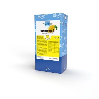 Embalagem azul de 1L Martini Gelato Sorb'Olè sorvete de limão com rótulo amarelo com ilustrações de limão