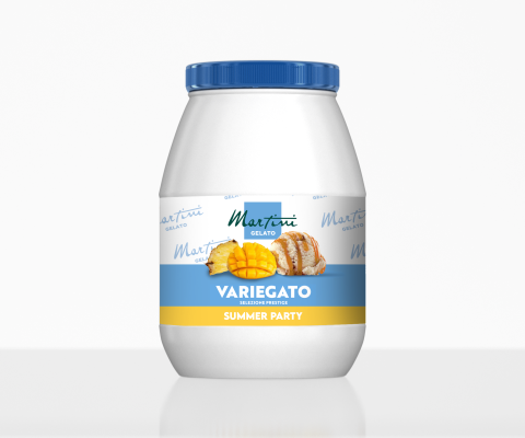 Frasco de plástico branco com tampa azul, rotulado "Martini Gelato Variegato Summer Party", com manga, ananás e bolachas
