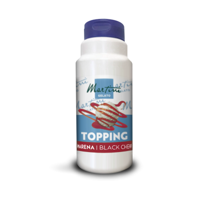 Frasco de plástico branco de cobertura Martini Gelato sabor Cereja Preta (Amarena) com tampa roxa, fundo branco.