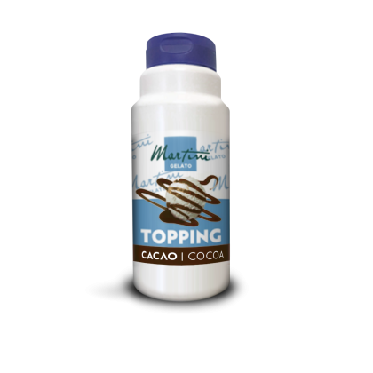 Frasco de plástico branco de calda de cacau Martini Gelato, tampa azul, rótulo com bola de gelado