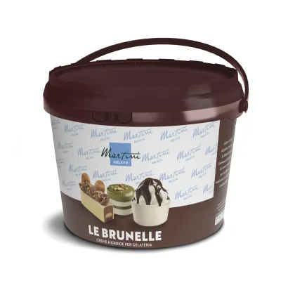 Balde castanho de creme macio Martini Gelato "Le Brunelle" com rótulo de logótipo repetido e fotos de sobremesas