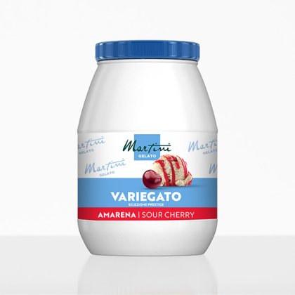 Embalagem de plástico branca da Martini Gelato Variegato Amarena Sour Cherry com tampa azul e rótulo de gelado de cer...